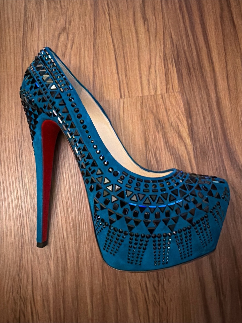 Christian Louboutin Decora Strass Teal Blue Suede Crystal Platform Pumps 38 - Picture 8 of 13